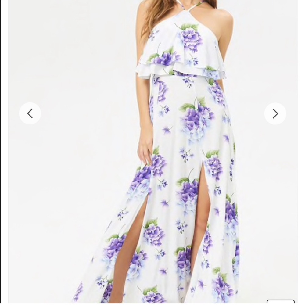Forever 21 Purple Flower Halter Maxi Dress with Ruffles & cutouts Size Small